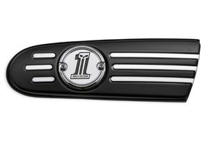 Harley-Davidson Accessories Number One Skull Air Cleaner Trim. The sinister Harley-Davidson® #1 Skull logo dresses for a night on the town. This complete die-cast aluminium collection has been polished and chrome-plated to a brilliant shine, then finished with a contrasting black-filled Dark Custom Skull logo. Black-filled race track stripe and recessed hardware pockets provide added depth and dimension. Includes chrome-plated mounting hardware.