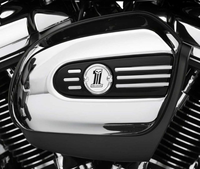 Harley-Davidson Accessories Number One Skull Air Cleaner Trim. The sinister Harley-Davidson® #1 Skull logo dresses for a night on the town. This complete die-cast aluminium collection has been polished and chrome-plated to a brilliant shine, then finished with a contrasting black-filled Dark Custom Skull logo. Black-filled race track stripe and recessed hardware pockets provide added depth and dimension. Includes chrome-plated mounting hardware.