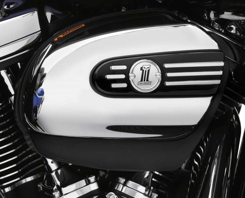 Harley-Davidson Accessories Number One Skull Air Cleaner Trim. The sinister Harley-Davidson® #1 Skull logo dresses for a night on the town. This complete die-cast aluminium collection has been polished and chrome-plated to a brilliant shine, then finished with a contrasting black-filled Dark Custom Skull logo. Black-filled race track stripe and recessed hardware pockets provide added depth and dimension. Includes chrome-plated mounting hardware.