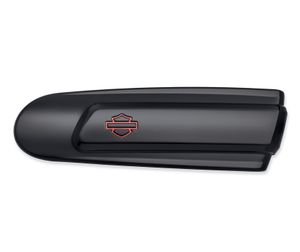 Harley-Davidson Accessories Kahuna Air Cleaner Trim in black. The Harley-Davidson Kahuna Collection's rich, gloss black surface is interrupted by a powerful raised bridge that draws the eye from leading to trailing edge. Gloss black finish with a red Bar & Shield logo.
