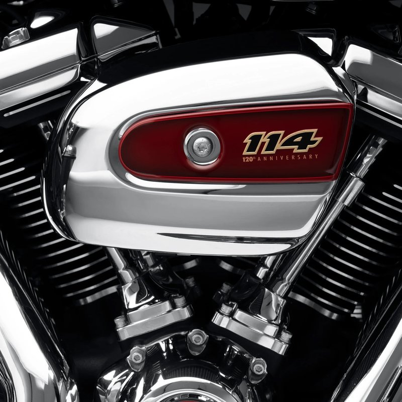Harley-Davidson Accessories 120th Anniversary Air Cleaner Trim, Standard. Proudly celebrate 120 years of Harley-Davidson quality. This easy-to-install air cleaner screen comes standard on limited edition Harley-Davidson® 120th Anniversary models. Handsome gloss red fade finish with subtle gold and black accents. Indicates engine displacement of 114 cubic inches. For models with original wedge-shaped air cleaner cover.