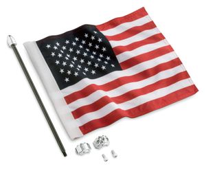 Harley-Davidson Accessories Premium American Flag Kit, 28 x 36 cm. Proudly display the flag with this premium flag and mast kit. The flag is designed for parade use only and will not withstand high-speed use. The mast features a bullet-shaped finial tip and a spring-mount base that attaches easily to your luggage rack with a chrome-plated billet clamp. The high-quality 14" x 11" nylon flag has hemmed and double-stitched edges for durability. The kit includes the flag, a chrome billet mounting bracket, the flag mast and all required hardware. Fits Air Wing Tour-Pak Luggage Racks (P/N 79179-08, 53000063 or 50600097), Premium Tour-Pak Luggage Rack (P/N 53665-87), Contoured Tour-Pak Luggage Rack (P/N 79148-06A) and other compatible luggage racks.