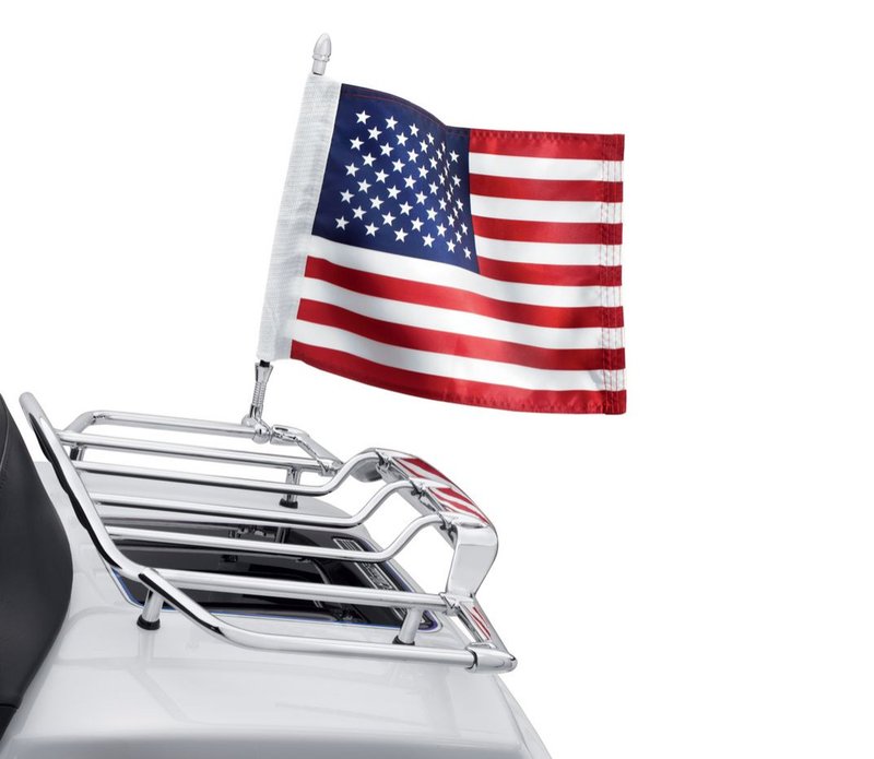 Harley-Davidson Accessories Premium American Flag Kit, 28 x 36 cm. Proudly display the flag with this premium flag and mast kit. The flag is designed for parade use only and will not withstand high-speed use. The mast features a bullet-shaped finial tip and a spring-mount base that attaches easily to your luggage rack with a chrome-plated billet clamp. The high-quality 14" x 11" nylon flag has hemmed and double-stitched edges for durability. The kit includes the flag, a chrome billet mounting bracket, the flag mast and all required hardware. Fits Air Wing Tour-Pak Luggage Racks (P/N 79179-08, 53000063 or 50600097), Premium Tour-Pak Luggage Rack (P/N 53665-87), Contoured Tour-Pak Luggage Rack (P/N 79148-06A) and other compatible luggage racks.