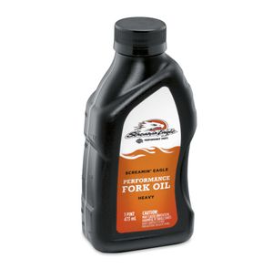 Harley-Davidson Accessories The original H-D Screamin' Eagle Performance fork oil is a thicker oil for improved damping in demanding applications. If your fork is too soft, changing the oil is the easiest way to remedy the situation. 473 ml bottle (16 oz). Viscosity: heavy. Please refer to the manual for filling quantity.