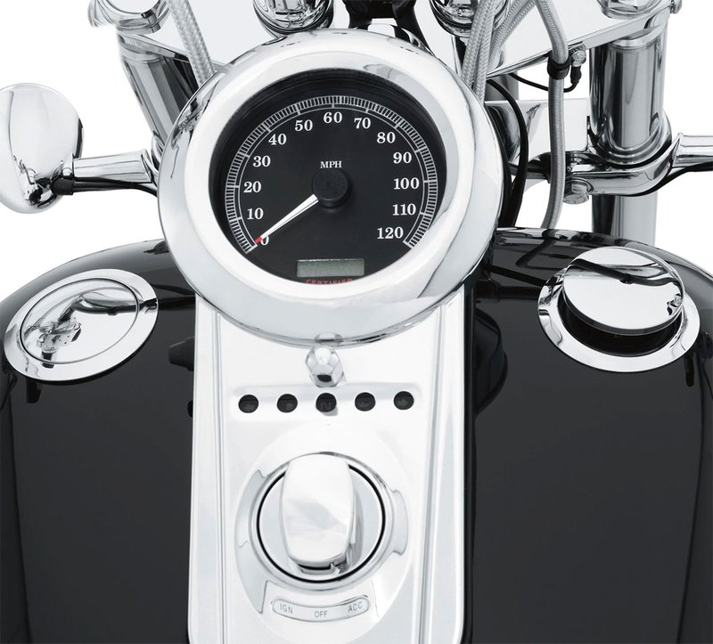 Harley-Davidson Accessories Emphasise the long, lean look of the fuel tank. This flush mount fuel cap and gauge kit offers a pop-up filler design that, when installed and sealed, looks identical to the flush gauge; a simple push and the filler cap pops up to provide ample grip, even while wearing gloves. The flush fuel gauge features individual LED lamps that shine through a mirror-coated glass which glows when the ignition is switched on. A photocell automatically adjusts LED brightness for improved visibility in direct sunlight, and dims at night to avoid distraction. The complete kit includes a fuel cap, fuel gauge, trim ring and plug-in wiring harness. Chrome finish.