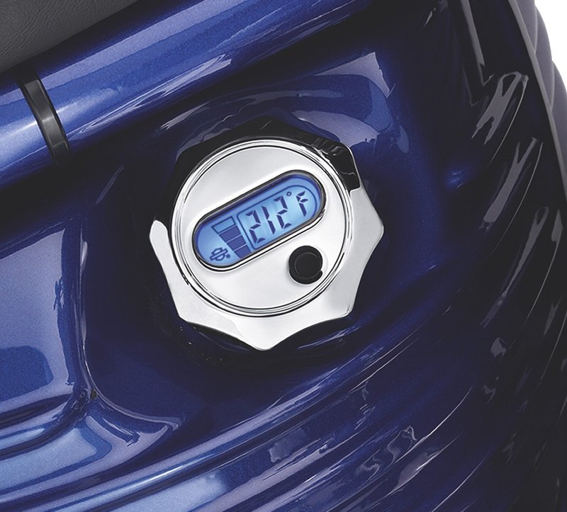 Harley-Davidson Accessories Oil Level and Temperature Dipstick with Lighted LCD Readout, chrome. New and improved "capacitive" level sensing technology provides the highest degree of accuracy and durability. These dipsticks let you check your oil level and temperature with the push of a button, lighting up with a brilliant backlight - no more grabbing a rag to pull your hot dipstick and no more oil drips on your pipes or garage floor. Oil level is indicated by a four-segment readout that even reminds you to check your oil when it is hot. Designed to be waterproof, the LCD readout operates on a long-lasting, replaceable lithium coin-type battery (CR2032 3V) and features a low battery indicator and a press-and-hold feature to toggle between Fahrenheit and Celsius. Chrome finish.
