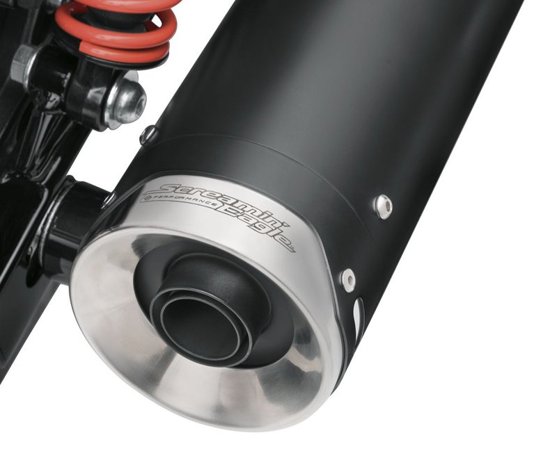 Harley-Davidson Accessories This street-compliant high-flow muffler has been specifically tuned to deliver an aggressive exhaust note and improved performance. Developing a rich exhaust note throughout the RPM range, this muffler provides a deep bass rumble and a throaty tone while on the throttle. Satin black finish. The heat-resistant satin black ceramic finish complements the blacked-out look of the Street Rod model. The contrasting bright stainless end cap is finished with a laser-engraved Screamin' Eagle logo. 50 state U.S. and ECE compliant.