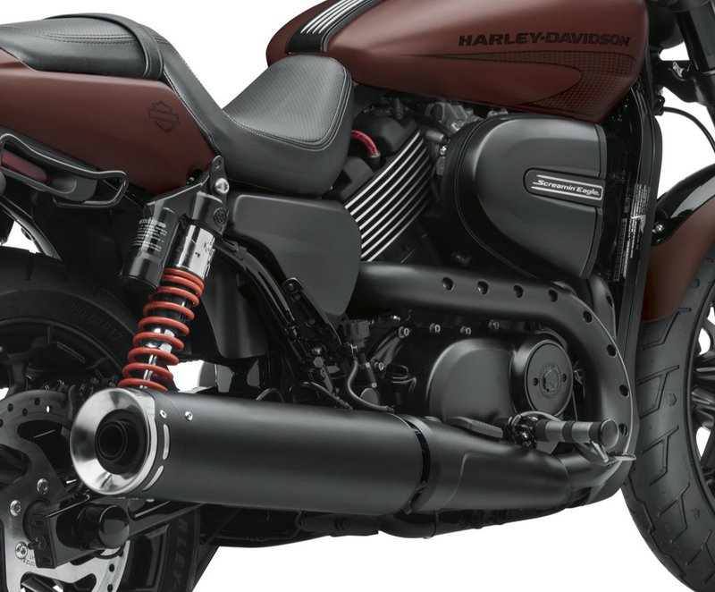 Harley-Davidson Accessories This street-compliant high-flow muffler has been specifically tuned to deliver an aggressive exhaust note and improved performance. Developing a rich exhaust note throughout the RPM range, this muffler provides a deep bass rumble and a throaty tone while on the throttle. Satin black finish. The heat-resistant satin black ceramic finish complements the blacked-out look of the Street Rod model. The contrasting bright stainless end cap is finished with a laser-engraved Screamin' Eagle logo. 50 state U.S. and ECE compliant.