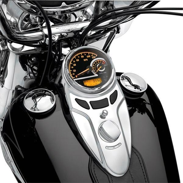 Harley-Davidson Accessories Maintain the clean view over the handlebar. This unique combination Speedometer/Analogue Tachometer lets you monitor engine speed, fixed-segment fuel level and gear indication without adding extra handlebar-mounted gauges. - Mounts in the stock dash opening as a direct plug-in installation - Speedometer and tachometer pointers sweep clockwise to provide a "gauge within a gauge" look - Backlit gauges include a large LCD information screen displaying odometer/tripmeter data, miles-to-empty readings, an easy-to-read segmented fuel display, and a gear position indicator - Push-button adjustable backlighting with over 600 colour-tone options, allowing the rider to match pointer, LCD and backlighting colours to any paint scheme or viewing preference - Includes a data transfer cable to easily upload initial mileage at the time of installation