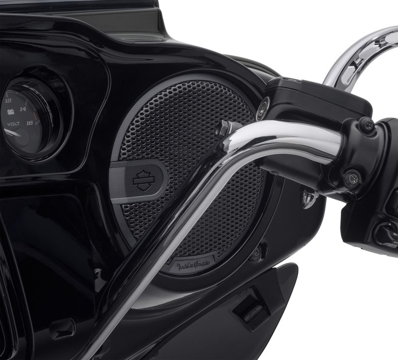 Harley-Davidson Accessories Amplify your audio experience with Harley-Davidson Audio powered by Rockford Fosgate Stage I speakers. These high-performance two-way speakers feature a durable injection-moulded woofer and a separate bridge-mounted tweeter. Each speaker is rated to handle up to 75 watts of power, and with two amplifiers up to eight speakers can be installed in a single system. Designed to fit perfectly in the Original Equipment speaker housing, each kit includes left and right speakers and custom grilles with a black badge. These speakers deliver a significant upgrade in sound quality and power over the Original Equipment components. - Upgrade Original Equipment Batwing fairing speakers for more volume and improved sound quality - Vibration-tested 6.5" waterproof 4-ohm speakers feature injection-moulded woofer cones with a high-flux Neodymium magnet and a bridge-mounted 25mm tweeter - Requires purchase of Fairing Speaker Install Kit P/N 76000992, Primary Amplifier P/N 76000997 and the appropriate Primary Amp Install Kit - Harley-Davidson Audio powered by Rockford Fosgate speakers carry a two-year warranty - Complete kit includes retainers, hardware, left and right speakers and grilles