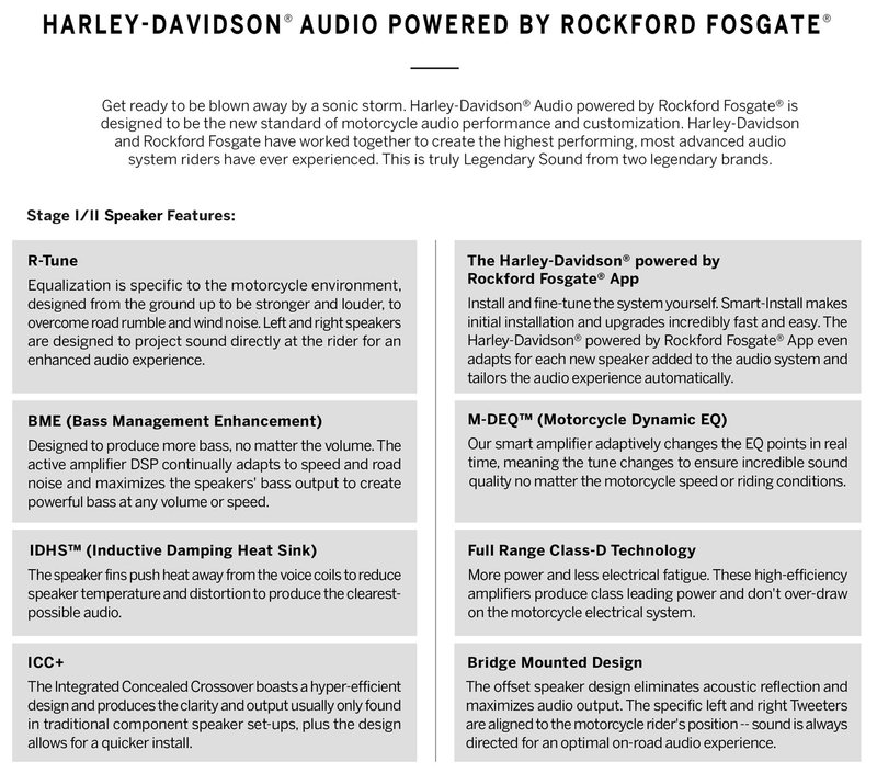 Harley-Davidson Accessories Step up to the ultimate motorcycle audio experience. Harley-Davidson Audio powered by Rockford Fosgate Stage II speakers deliver ultra-clear highs, super-clean mids and ground-thumping bass. These amplified three-way speakers feature a durable injection-moulded woofer and separate bridge-mounted midrange and tweeter speakers. Each speaker is rated to handle up to 150 watts of power and is designed to deliver outrageous volume with less distortion for amazing sound even at highway speeds. With two amplifiers, up to eight Stage II speakers can be installed in a single system. Designed to fit perfectly in the Original Equipment speaker housing, each kit includes left and right speakers and custom grilles with a bright aluminium badge. - Upgrade Original Equipment Batwing fairing speakers for more volume and improved sound quality - Vibration-tested 6.5" waterproof 2-ohm speakers feature injection-moulded woofer cones with a high-flux Neodymium magnet, a 20mm tweeter and a 30mm midrange speaker - Requires purchase of Fairing Speaker Install Kit P/N 76000992, Primary Amplifier P/N 76000997 and the appropriate Primary Amp Install Kit - Harley-Davidson Audio powered by Rockford Fosgate speakers carry a two-year warranty - Complete kit includes retainers, hardware, left and right speakers and grilles