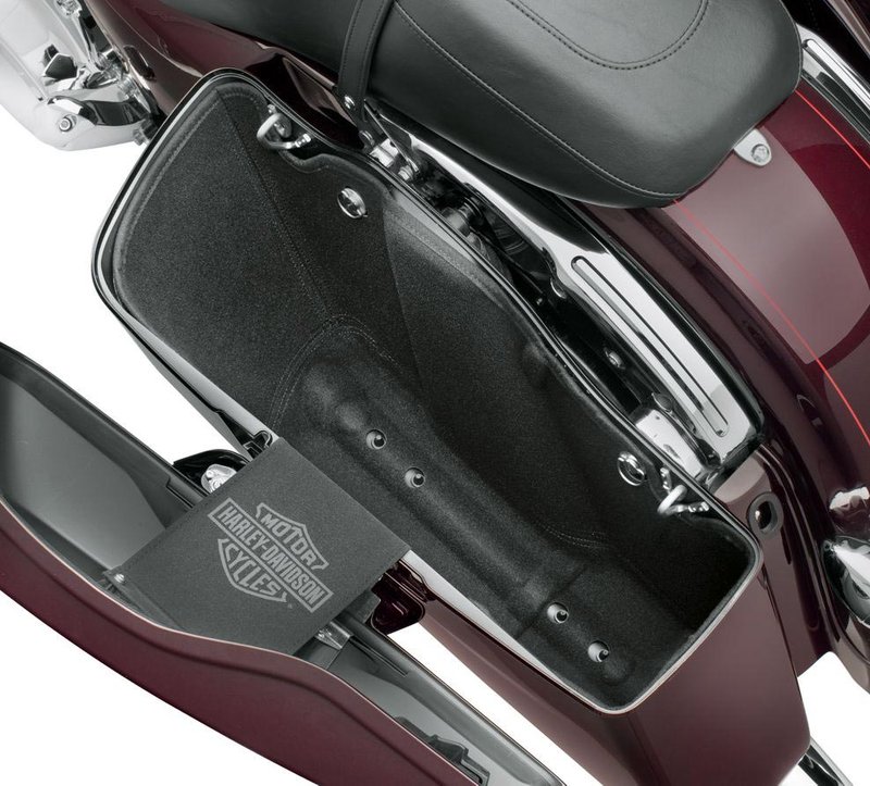 Harley-Davidson Accessories Premium Saddlebag Liner. Protect your belongings and reduce noise and rattles on the road. The soft-touch felt-finish liner is formed to the hard saddlebag interior for a perfect fit, with a moulded base and sides that maximise interior room, and a one-piece design that allows easy removal for cleaning and maintenance. Fits Touring '14-later models with colour-matched hard saddlebags.