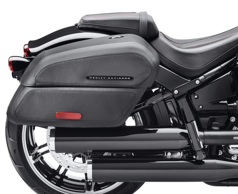 Harley-Davidson Accessories H-D Detachables Locking Saddlebags. Shaped to complement the flowing lines of the Softail cruiser models, these premium saddlebags feature a classic slant-style design with a modern twist. Finished in black and wrapped in a combination of smooth and perforated-look vinyl, the hardshell bags hold their shape in all weather. The hinged locking lid tilts outward for easy one-handed access, and the bags can be removed with a simple turn of the internal lever. They can be installed with HoldFast sissy bars and racks when equipped with model-specific docking hardware, and include all required mounting hardware. Total luggage capacity: 2,840 cubic inches. Fits Fat Boy FLFB/S and Breakout FXBR/S '18-later models.