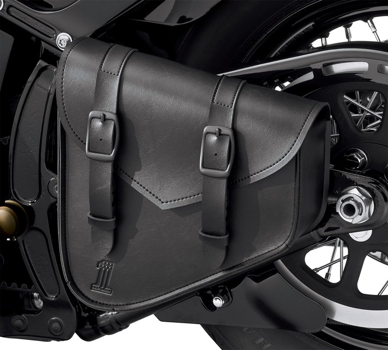 Harley-Davidson Accessories Black Standard Luggage Swingarm Bag. The Black Standard Collection bags have a simple black-on-black style that complements many styling directions and budgets. Made of ultra-durable leather-like synthetic with a debossed H-D #1 logo, an internal reinforcement system helps the bag hold its shape over time. The MOLLE-style system of mounting loops accommodates hook-and-loop straps for multiple mounting locations and orientations, with straight and perpendicular loops for versatile, easy mounting. It closes with either matte black enamel buckles with hidden quick-detach snaps or a hook-and-loop flap, and is great for storing a small set of tools or extra layers of riding gear. Luggage capacity: 250 cubic inches. Carrying capacity: 5 lbs. Fits Softail '00-'17 models (except FLSTC, FLSTNSE, FLSTSE, FXCW and FXCWC).