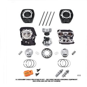 Harley-Davidson Accessories If you're looking to build a fast, track-ready 103, this kit eliminates the guess work. Kit includes CNC-Ported Factory Cylinder Heads with high performance valve springs, matching high-compression forged aluminum 10.5:1 pistons, SE-259E cams for higher lift for a given duration, Perfect-Fit Pushrods to accommodate the higher cam lift, and a 58mm throttle body with High Flow Injectors to feed the beast. Kits for Twin Cam 96 models include Big Bore cylinders, and the Twin Cam 103 kit uses the Original Equipment 103 cylinders. The kit also includes high-performance clutch spring and sprocket retention hardware to put the power to the ground. Kit includes top end gaskets.