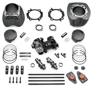 Harley-Davidson Accessories Turn your Original Equipment 110 cubic inch model into a fast, reliable 117 cubic inch Twin Cam hauler without having to remove the motor from the chassis. This Street Performance Kit combines system-matched Screamin' Eagle big bore cylinders, forged pistons and performance cams and valve train components with the Original Equipment cylinder heads for a cost-effective boost in torque and performance. Granite finish. Exclusive bolt-on 4.125" cylinders are engineered with high strength slim-wall spigots that slip into the factory 110CI crank case without any additional machining. 4.125" flat top pistons team with the stock cylinder heads to produce a performance-enhancing 9.9:1 compression ratio. High-lift SE-259E cam produces a boost in torque throughout the RPM range. All EFI-equipped models require dealer-installed ECM calibration download or use of the tunable Screamin' Eagle Street Tuner Kit (priced separately). Recalibration is required for proper installation. See Dealer for details. Labor cost not included. Includes 4.125" Bolt-On Cylinders, Forged 9.9:1 Compression Pistons & Rings, 58mm Throttle Body, High Flow Fuel Injectors, SE-259E Cams, Perfect-Fit Pushrods, High-Capacity Roller Tappets, Inner Cam Bearing, Top End & Cam Cover Gasket, EO Emissions Label.