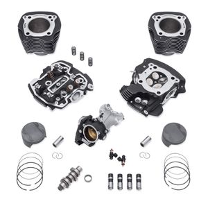 Harley-Davidson Accessories This Stage IV Kit was developed to deliver maximum horsepower from the Milwaukee-Eight engine - all the way to the redline. The system-matched combination of larger displacement cylinders, free flowing CNC-Ported cylinder heads and a cam with the highest available valve lift are the starting point to building the perfect engine for the performance junkie. Designed for a high level of flexibility, this package is ideal for riders who like to comfortably cruise at lower rpm but still have plenty of arm-pulling acceleration when you whack the throttle. Kit includes CNC Ported Cylinder Heads with Performance Valve Springs, 64mm Throttle Body, High Flow Injectors (5.5g/s), 4.075" Bolt-On Cylinders, Forged 11:1 High Compression Aluminum Coated Pistons and Rings, SE8-515 Cam, Cam Bearing Upgrade, High Performance Tappets, Multi-layer Coated Head Gaskets, High Capacity Clutch Springs (1200N) and most necessary gaskets and seals. Increases power by up to 40% when compared to the Original Equipment engine configurations. Delivers increased response throughout the entire RPM range. Maintains flat torque curve from cruising RPM to redline. Can be installed without removing the engine from the chassis. Retains Original Equipment Factory Warranty. 50-State U.S. EPA compliant. Includes Screamin' Eagle Cylinder Heads with Performance Valve Springs, Throttle Body, High Flow Injectors, Bolt-On Cylinders, Pistons, Piston Rings, Cam, Cam Bearings, Tappets, Head Gaskets, Top End, Cylinder Base and Cam Cover Gaskets, and Clutch Springs.