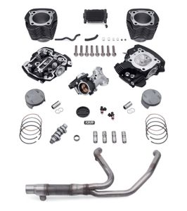 Harley-Davidson Accessories This Stage IV Kit was designed to deliver maximum horsepower - all the way to the redline. Features new CNC-ported heads with 1mm bigger valves and fully machined combustion chambers. Coupled with the kit's high-lift SE8-517 cam, high compression pistons and a 64mm throttle body and intake manifold, this combination delivers a thrilling 126 ft-lb of torque and 121 HP rear-wheel output when paired with Screamin' Eagle Street Cannon Mufflers. It's designed to run wide open at high-end RPMs and provide a significant boost of torque from cruising speed. You'll feel the difference as soon as you twist the throttle. When installed by an authorized Harley-Davidson Dealer within 60 days of the vehicle purchase, compliant kits do not impact the vehicle's limited warranty. Kit includes CNC Ported Cylinder Heads with CNC machined chamber and 1mm larger valves L93, Stage IV Timer Cover, SE8-517 High-Lift Cam, Forged High Compression Pistons, High Performance Cam Bearing, Tappets, 4.31" Steel Sleeve Cylinders, 64mm Throttle Body and Cast Manifold and High Flow Injectors (5.5 g/sec). Stage IV Kit - 114CI to 128CI for Oil-Cooled models. Delivers increased response throughout the entire RPM range. Provides thrilling acceleration when twisting the throttle. Maintains flat torque curve from cruising RPM to redline. Can be installed without removing the engine from chassis. Retains Original Equipment Factory Warranty. 49-State U.S. EPA Compliant on '17-later Touring models.