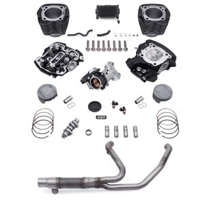Harley-Davidson Accessories Go big or go home. With the largest displacement of any Harley-Davidson Stage Kit, this 114CI to 131CI Stage IV Kit was designed to deliver maximum horsepower - all the way to the redline. Packaged with patent-protected cylinder technology, it allows for the largest bolt-on engine upgrade to any Milwaukee-Eight motor. Features new CNC-ported heads with 1mm bigger valves and fully machined combustion chambers. Coupled with the kit's high-lift SE8-517 cam, high compression pistons and a 64mm throttle body and intake manifold, this combination delivers a thrilling 131 ft-lb of torque and 121 HP rear-wheel output when paired with Screamin' Eagle Street Cannon Mufflers. It's designed to run wide open at high-end RPMs and provide a significant boost of torque from cruising speed. You'll feel the difference as soon as you twist the throttle. When installed by an authorized Harley-Davidson Dealer within 60 days of the vehicle purchase, compliant kits do not impact the vehicle's limited warranty. Kit includes CNC Ported Cylinder Head with CNC machined chamber and 1mm larger valves, Stage IV Timer Cover, SE8-517 High-Lift Cam, Forged High Compression Pistons, High Performance Cam Bearing and Tappets, 4.31" Steel Sleeve Cylinders, 64mm Throttle Body and Cast Manifold and High Flow Injectors (5.5 g/sec). Stage IV Kit - 114CI or 117CI to 131CI for Oil Cooled models.