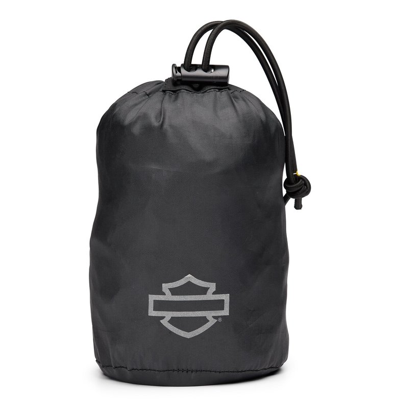 Harley-Davidson Accessories Travel with protection. This lightweight, water-resistant Compact Travel Cover is easy to pack and covers the main motorcycle touch points from the windshield to the rear seating area. - Compact and lightweight cover stores in its own pouch and requires over 40% less luggage space than a full-size motorcycle cover, so it's easy to pack along "just in case" - When compacted in pouch, the travel cover takes up less space than a 64 oz aluminum drink container - Multiple attachment options to adjust the fit based on motorcycle model and luggage option so the cover can be used on different bikes - Minimizes motorcycle wipe-down after dew or light rain - Discourages tampering with the covered motorcycle for an added layer of security - Reflective logos highlight the front, rear, and sides of the vehicle for added visibility when the motorcycle is parked at night - Made from polyester with a water-resistant polyurethane coating