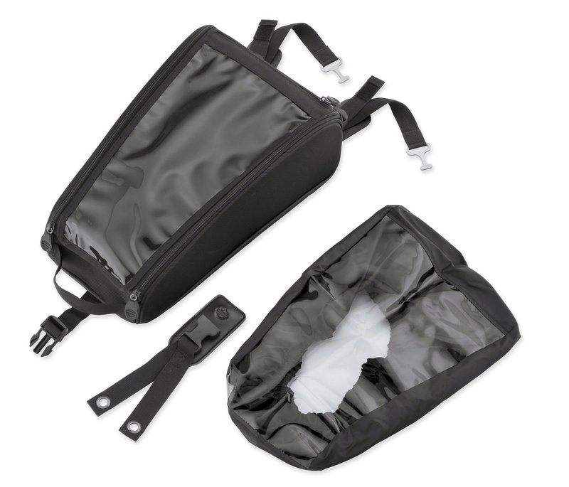 Harley-Davidson Accessories Tank Bag. Shaped to fit the contour of the Sportster fuel tank, this ballistic nylon tank bag is UV- and weather-resistant and makes an ideal travelling companion. It features a clear top pouch for at-a-glance viewing of maps and directions. Fits '04-later Sportster XL models.