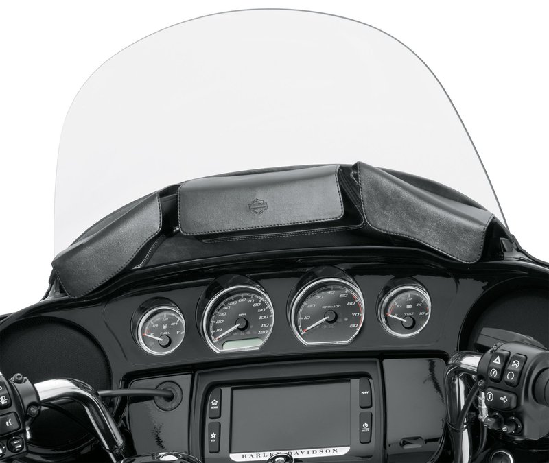 Harley-Davidson Accessories Fairing Pouch, 3-Pocket. This fairing pouch complements H-D wind deflectors and windshields and is ideal for mobile devices, sunglasses and other small items. The robust plastic pockets are covered with soft UV-resistant vinyl for a high-quality appearance, and magnetic catches keep stowed items ready to hand without distracting from the styling. Fits Electra Glide, Street Glide and Tri Glide Trike '14-later models.