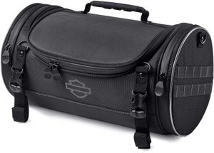 Harley-Davidson Accessories Onyx Premium Luggage Day Bag. Part of the Onyx Premium Luggage Collection, this compact Day Bag is ideal for the daily commute or a short day trip. The main compartment holds a sweatshirt, a pair of shoes, a rainsuit, gloves and a cap, while an interior mesh zip pocket keeps keys or small electronics handy. Its rigid structure keeps its shape even when empty, and the detachable padded shoulder strap makes it easy to carry. Made of premium 1680-denier UV-stable ballistic polyester that stands up to tough road and weather conditions without fading. Features water-resistant zippers with glove-friendly pulls, a burnt-orange interior for easy visibility, MOLLE-style webbing for modular pouch attachment, a non-slip abrasion-resistant base and reflective piping. Dimensions: 16.75" W x 9" D x 9" T. Capacity: 1,000 cubic inches (16 litres). Includes a removable shoulder strap and a rain cover with an elastic hem and barrel-lock mechanism that stays put at highway speeds. Fits models equipped with luggage racks (with or without a sissy bar upright) and Tour-Pak luggage racks (except Mini Rack P/N 53100-95).
