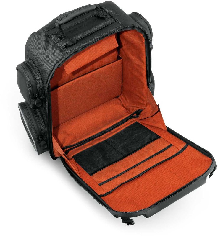 Harley-Davidson Accessories Onyx Premium Luggage Weekender Bag. Part of the Onyx Premium Luggage Collection, this backpack-style Weekender Bag suits around-town use or a weekend getaway. The cavernous main compartment holds a pair of boots, a change of clothes, an extra jacket or sweatshirt and spare gloves and hats. It includes a padded laptop compartment and two further padded pockets for small electronics. Outside there are two pockets (one felt-lined for eyewear), a drawbridge-style front compartment for pens and documents, and four side pockets for chargers, keys and other small items. The mounting straps tuck away into a built-in storage pouch for a clean look, and stowable backpack straps with raised back padding make it comfortable to carry. Made of premium 1680-denier UV-stable ballistic polyester that stands up to tough road and weather conditions without fading. Features water-resistant zippers with glove-friendly pulls, a burnt-orange interior for easy visibility, MOLLE-style webbing for modular pouch attachment, a non-slip abrasion-resistant base and reflective piping. Dimensions: 18" W x 11.5" D x 18" T. Capacity: 1,800 cubic inches. Includes a rain cover with an elastic hem and barrel-lock mechanism that stays put at highway speeds.