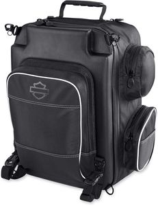 Harley-Davidson Accessories Onyx Premium Luggage Weekender Bag. Part of the Onyx Premium Luggage Collection, this backpack-style Weekender Bag suits around-town use or a weekend getaway. The cavernous main compartment holds a pair of boots, a change of clothes, an extra jacket or sweatshirt and spare gloves and hats. It includes a padded laptop compartment and two further padded pockets for small electronics. Outside there are two pockets (one felt-lined for eyewear), a drawbridge-style front compartment for pens and documents, and four side pockets for chargers, keys and other small items. The mounting straps tuck away into a built-in storage pouch for a clean look, and stowable backpack straps with raised back padding make it comfortable to carry. Made of premium 1680-denier UV-stable ballistic polyester that stands up to tough road and weather conditions without fading. Features water-resistant zippers with glove-friendly pulls, a burnt-orange interior for easy visibility, MOLLE-style webbing for modular pouch attachment, a non-slip abrasion-resistant base and reflective piping. Dimensions: 18" W x 11.5" D x 18" T. Capacity: 1,800 cubic inches. Includes a rain cover with an elastic hem and barrel-lock mechanism that stays put at highway speeds.