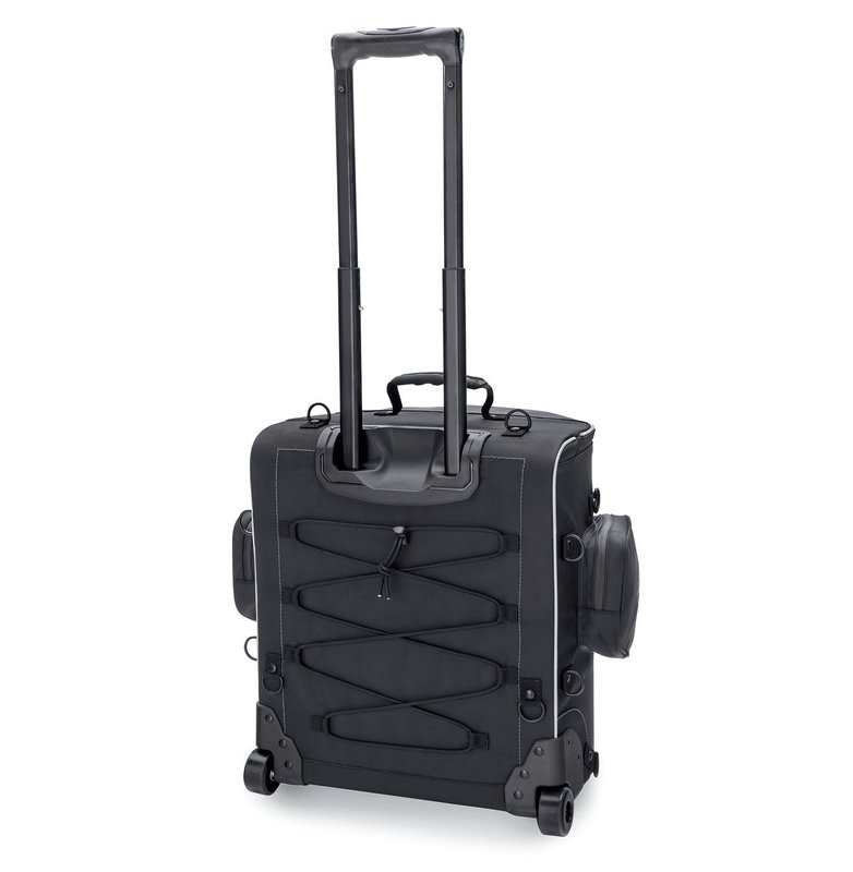 Harley-Davidson Accessories Onyx Premium Luggage Backseat Roller Bag. Part of the Onyx Premium Luggage Collection, this Backseat Roller Bag gives the solo rider durability, effortless transport and ample storage. Made of premium 1680-denier UV-stable ballistic polyester that stands up to tough road and weather conditions without fading. Features water-resistant zippers with glove-friendly pulls, a burnt-orange interior for easy visibility, MOLLE-style webbing for modular pouch attachment, and a non-slip abrasion-resistant base. A locking push-button handle extends to 20.5" and smooth-rolling skateboard wheels make it easy to move, while a large elastic pouch, a zippered mesh pocket and two outer stash pockets keep gear organised. Includes a rain cover with an elastic hem and barrel-lock mechanism that stays put at highway speeds, and is compatible with the Onyx Premium Luggage Rider Backrest Pad for long-haul comfort. Fits Touring and Trike '14-later models with a King Tour-Pak.