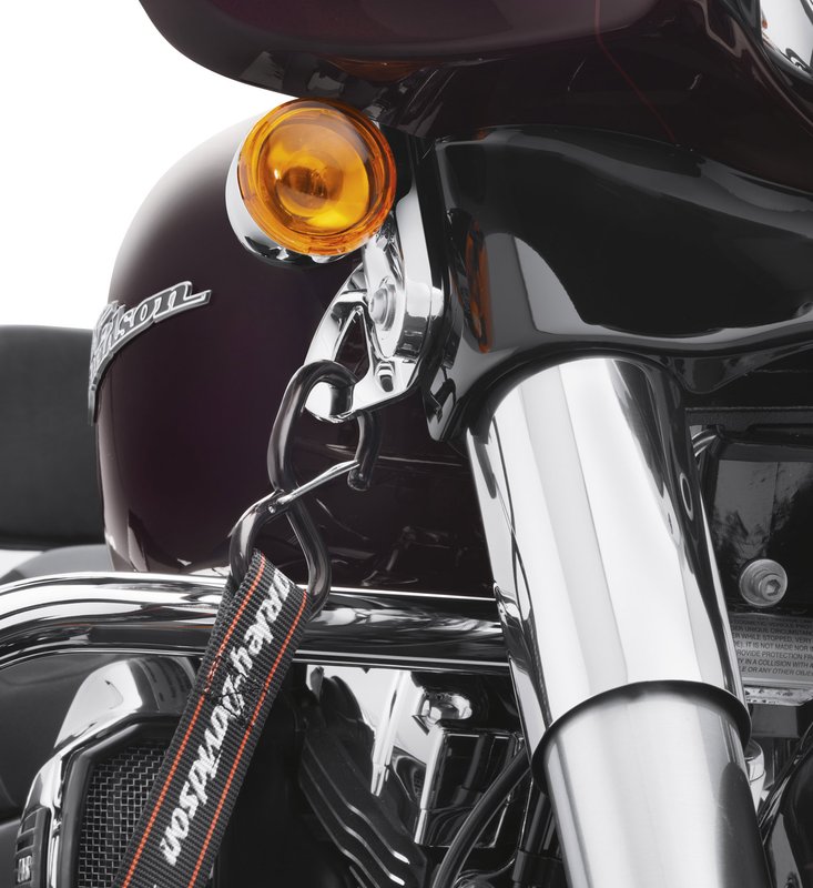 Harley-Davidson Accessories Tie-Down Brackets, chrome. Simplify the process of securing your bike to a trailer or lift. These stylish chrome tie-down brackets mount cleanly to the front fork cover and offer a secure method to connect tie-down straps. Fits Street Glide '14-'23 models.