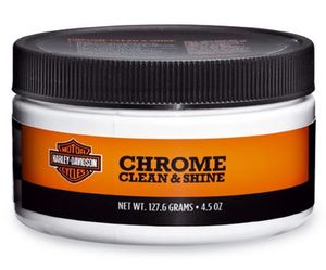 Harley-Davidson Accessories This professional-strength, non-abrasive cleaner is formulated to ensure maximum shine on chrome-plated surfaces. The detergent-resistant formula is easy to apply and can be buffed to a bright, long-lasting finish. It can also be used to clean decorative brushed aluminium and stainless steel surfaces. 4.5 oz (127 g) container.
