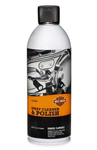 Harley-Davidson Accessories Keep your bike clean, even when you are away from home. This aerosol waterless quick cleaner and detailer is the perfect choice when the motorcycle is too clean to wash but too dirty to ride. The spray floats dirt off the motorcycle, reduces static attraction to dust and leaves the surface with a great shine and UV protection. Safe for use on metal, painted, plastic and windshield surfaces, this cleaning spray dissolves road grime and bugs for quick and easy cleaning and detailing. 11 oz (311 g) aerosol can.