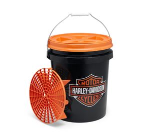 Harley-Davidson Accessories The perfect way to keep your bike clean, this Harley-Davidson bike wash bucket holds the key to a lustrous shine. The 5 gallon (19 litre) cleaning bucket features a removable Grit Guard insert that keeps sponges and wash mitts away from the dirt particles that settle to the bottom.