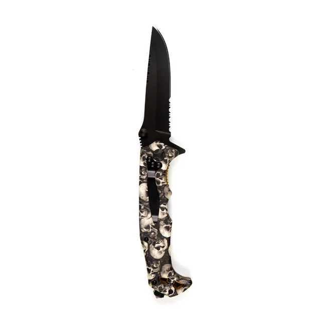 Army Surplus Knife skull & clip black ivory