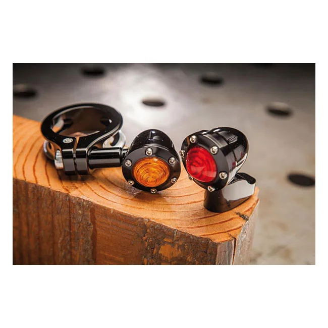 Roland Sands Design RSD, Tracker turn signal set. Front. Black, red lens