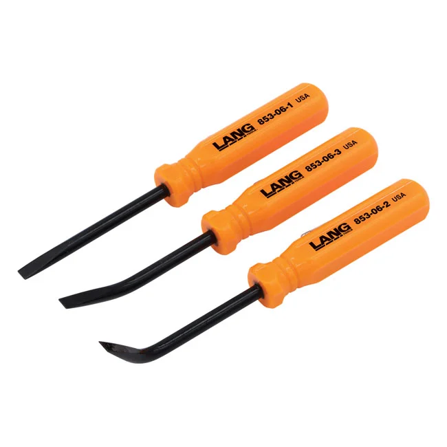 Lang Tools 3-piece mini pocket pry bar set. Orange