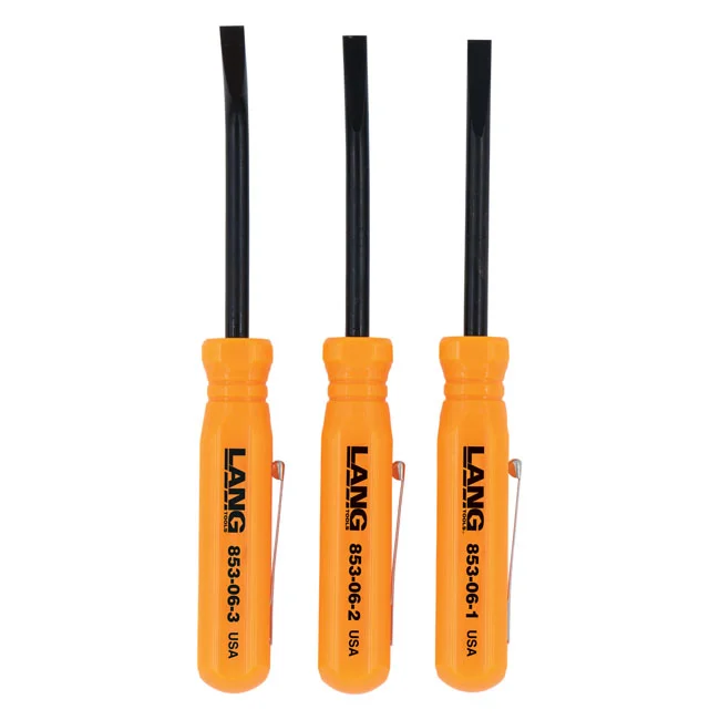 Lang Tools 3-piece mini pocket pry bar set. Orange