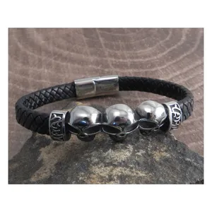 Amigaz Amigaz Skull Head Leather Braid Bracelet