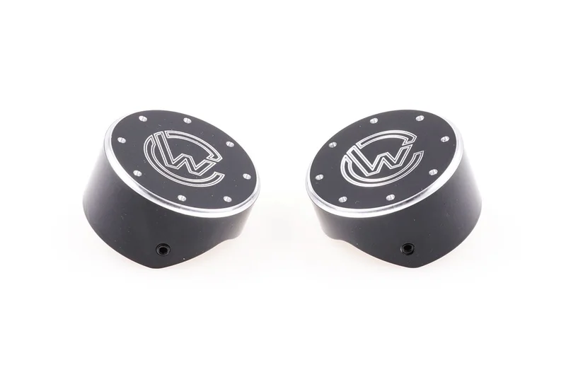 Cult-Werk 2-piece fork tube cap bolt cover kit. Black, logo
