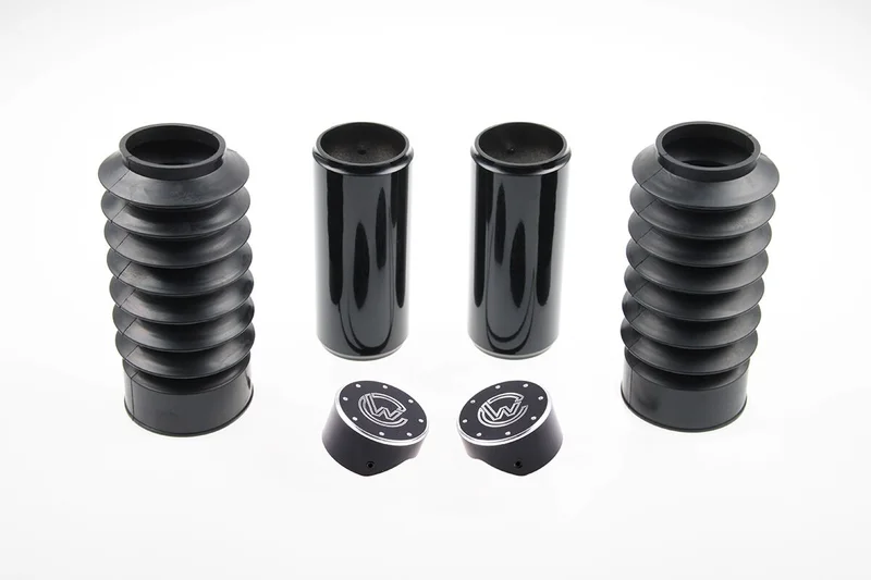 Cult-Werk 6-piece fork tube cover kit. Gloss black. Logo