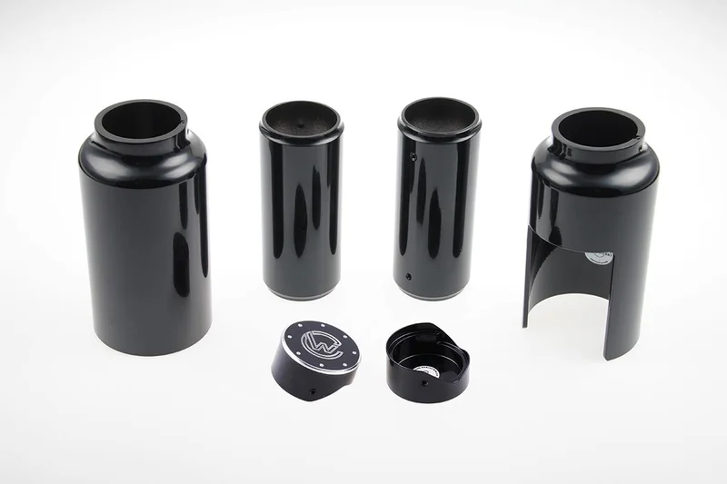 Cult-Werk 6-piece fork tube cover kit. Gloss black. Logo
