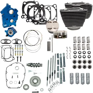 S&S 124" Power Package for Water Cooled 107" M8<br><ul><li>Made in the U.S.A.</li><li>Big Bore Kit</li><li>107" to 124" Big bore kit</li><li>Bolt on kit.</li><li>No case machining required</li><li>Forged pistons</li><li>11.1 Compression ratio</li><li>Oil Pump/Cam Plate</li><li>Precision machined from billet aluminum</li><li>Blue anodized finish</li><li>Passage plugs removable for servicing</li><li>Independent scavenge sections for flywheel cavity and cam chest</li><li>Debris screens in both scavenge pickups</li><li>Magnet in cam chest to help to stop debris from entering oil pump</li><li>Increased flow capacity on both feed and scavenge side</li><li>Adjustable pressure relief valve is adjustable with unit installed in engine</li><li>Pushrods</li><li>Quickee pushrods</li><li>Tappets:</li><li>S&amp;S precision tappets</li><li>Tappet Cuffs</li><li>Hard anodized black coating</li><li>Billet aluminum construction</li><li>Stronger than stock material eliminates distortion</li><li>Improve tappet stability in high lift and high rpm situations</li><li>Cam</li><li>S&amp;S 550 cam-designed for big bore applications</li><li>Valve Springs</li><li>Work well with cams up to .605 lift</li><li>High-performance conical single wire spring</li><li>Not recommended for Tri-Glide or other three wheel models including conversion due to lugging nature of these bikes.</li></ul><br>124" Package for '17 touring models & '18–’22 Harley Davidson models with 107" engine.
Includes chrome pushrod tubes.