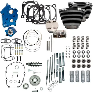 S&S 128" Power Package Engine Performance Kit<br><ul><li>Big-bore bolt-on kit increases 114"/117" with 4-1/2" stroke M-Eight with no case machining required</li><li>4-1/4" bore cylinders with 11:1 forged pistons</li><li>S&amp;S oil pump/cam plate with blue anodized finish</li><li>Passage plugs are removable for servicing</li><li>Independent scavenge sections for flywheel cavity and cam chest</li><li>Debris screen in both scavenge pickups</li><li>Magnet in cam chest to help prevent debris from entering the oil pump</li><li>Increased oil flow capacity on both the oil feed and scavenge side</li><li>Adjustable pressure relief valve can be adjusted with the unit installed in the engine</li><li>Quickee pushrods with chrome pushrod tubes</li><li>S&amp;S premium tappets</li><li>S&amp;S hard-anodized, black coated tappet cuffs are billet aluminum construction</li><li>Improve tappet stability in high-lift, high-rpm situations</li><li>S&amp;S 550 cams designed for big bore applications</li><li>S&amp;S valve springs work with cams up to .605" lift</li><li>High-performance conical single-wire spring design</li><li>All necessary gaskets, bearings, and hardware for bolt-on installation is included</li><li>Made in the U.S.A.</li></ul><br>Not recommended for Tri-Glide or other three wheel models including conversion due to lugging nature of these bikes.