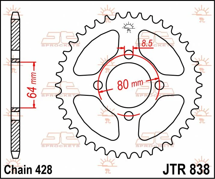 JT SPROCKETS JTR838.43 REAR REPLACEMENT SPROCKET 43 TEETH 428 PITCH NATURAL C49 HIGH CARBON STEEL