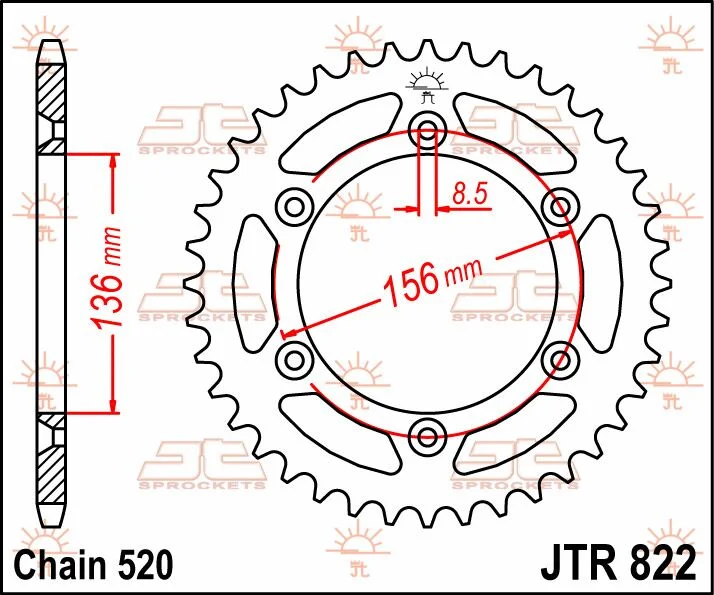 JT SPROCKETS JTR822.44 REAR REPLACEMENT SPROCKET 44 TEETH 520 PITCH NATURAL C49 HIGH CARBON STEEL