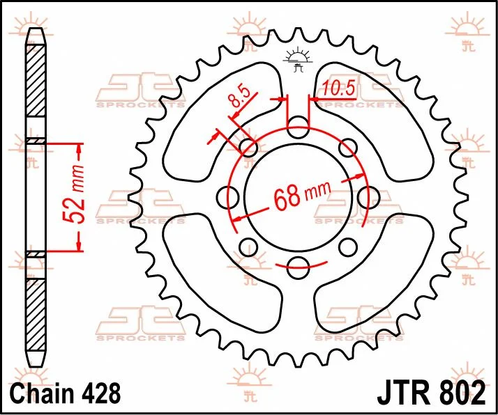 JT SPROCKETS JTR802.44 REAR REPLACEMENT SPROCKET 44 TEETH 428 PITCH NATURAL C49 HIGH CARBON STEEL