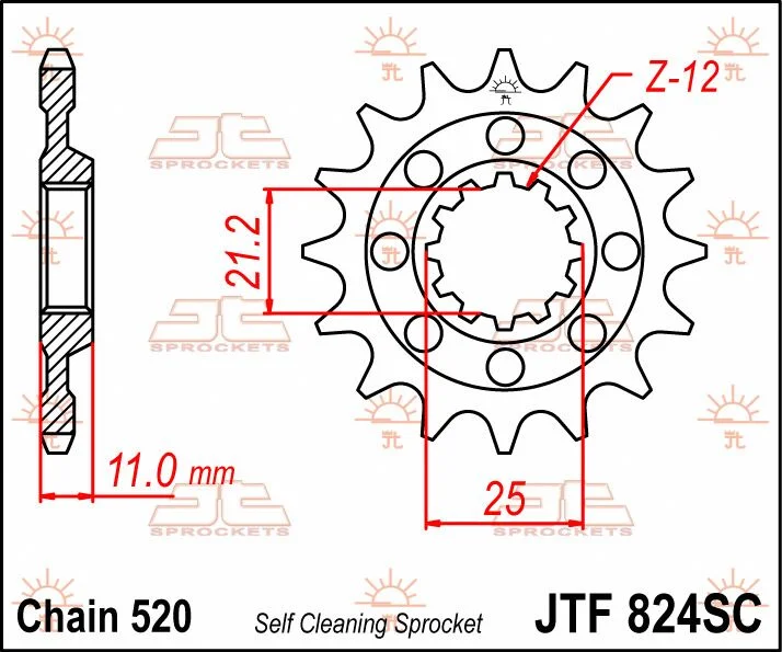 JT SPROCKETS JTF824.13SC FRONT SELF CLEANING SPROCKET 13 TEETH 520 PITCH NATURAL CHROMOLY STEEL ALLOY