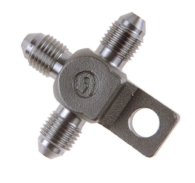 Goodridge T-fitting, with mount tab. Stainless steel