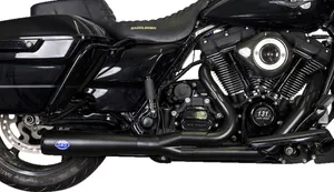 S&S 2-into-1 Diamondback Exhaust System<br><ul><li>Full stainless steel exhaust system with stainless steel header pipe heat shields</li><li>Oversized stepped header primary tubes for optimal flow and performance</li><li>Header length helps your M-Eight motor make excellent power</li><li>4" OD diameter stainless steel muffler ends before the rear axle</li><li>Four exhaust bungs for easy O2 sensor installation and air/fuel monitoring</li><li>Computer aided design &amp; precision bending for improved ground clearance</li><li>Made in the U.S.A.</li></ul>